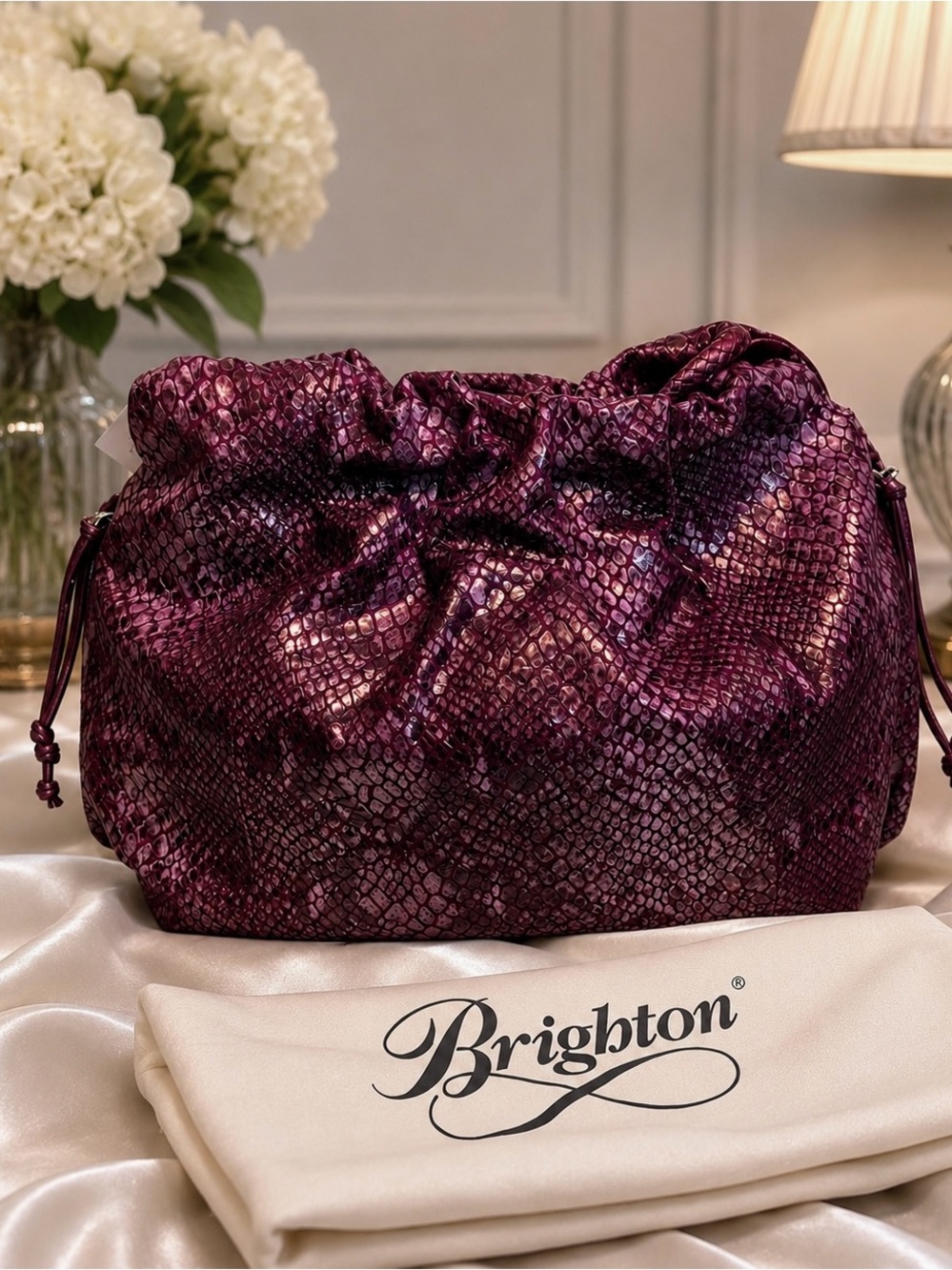 NWT Brighton Plum Metallic Snakeskin Embossed Hobo Bag + Dust Bag